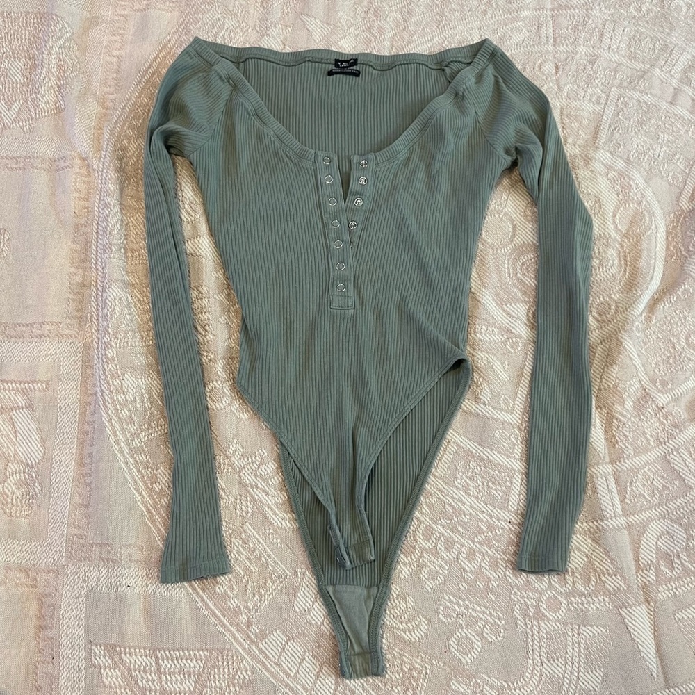 Sage Green Urban Outfitters Long Sleeve Snap Button Up Bodysuit